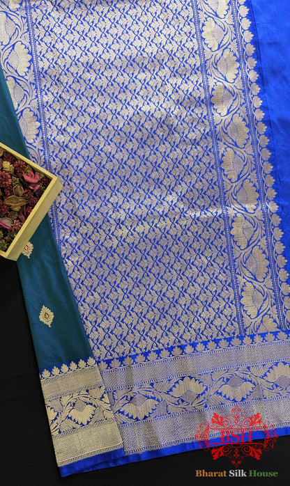 Pure Banrasi  Handloom Katan Silk Meenakari Antique Zari Saree In Shades Of Blue Pure Kataan Silk Bharat Silk House