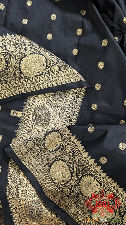 Pure Handloom Katan Silk Antique Zari Saree In Shades Of Black Pure Kataan Silk Bharat Silk House