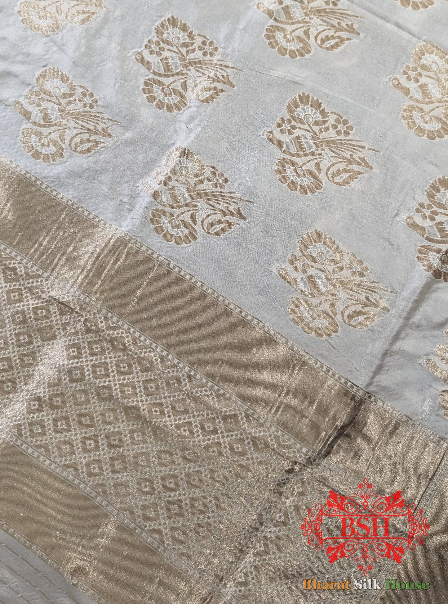 White Banarasi Handwoven Pure Silk Dupatta Pure Kataan Silk Bharat Silk House
