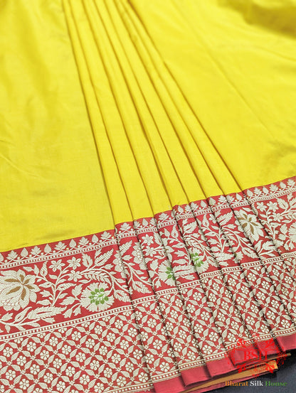 Yellow  Pure Katan Silk Banarasi Handloom Saree Pure Kataan Silk Bharat Silk House