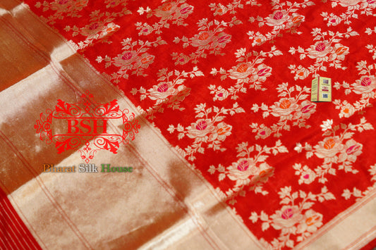 Red Floral Jaal Woven Banarasi kataan Silk Dupatta Pure Silk Dupatta Bharat Silk House