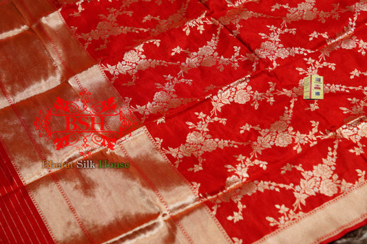 Salmon Red Banarasi Pure Kataan Silk Floral Pattern Dupatta Pure Silk Dupatta Bharat Silk House