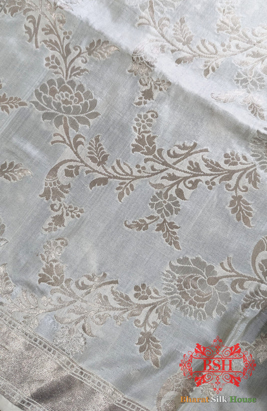 White Banarasi Pure Katan Silk Floral Pattern Dupatta Pure Silk Dupatta Bharat Silk House