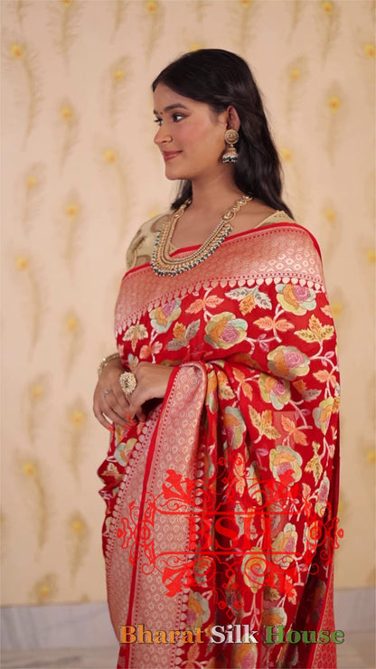 Red Rangkaat Handloom Pure  Khaddi Chiffon Saree Bharat Silk House