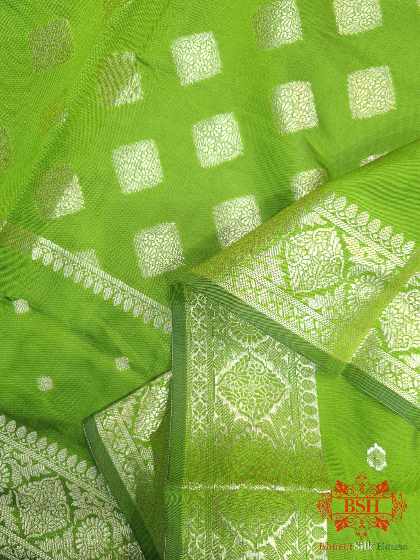Shades Of Parrot Green Banarasi Floral Semi Silk Dupatta Semi Dupatte Bharat Silk House