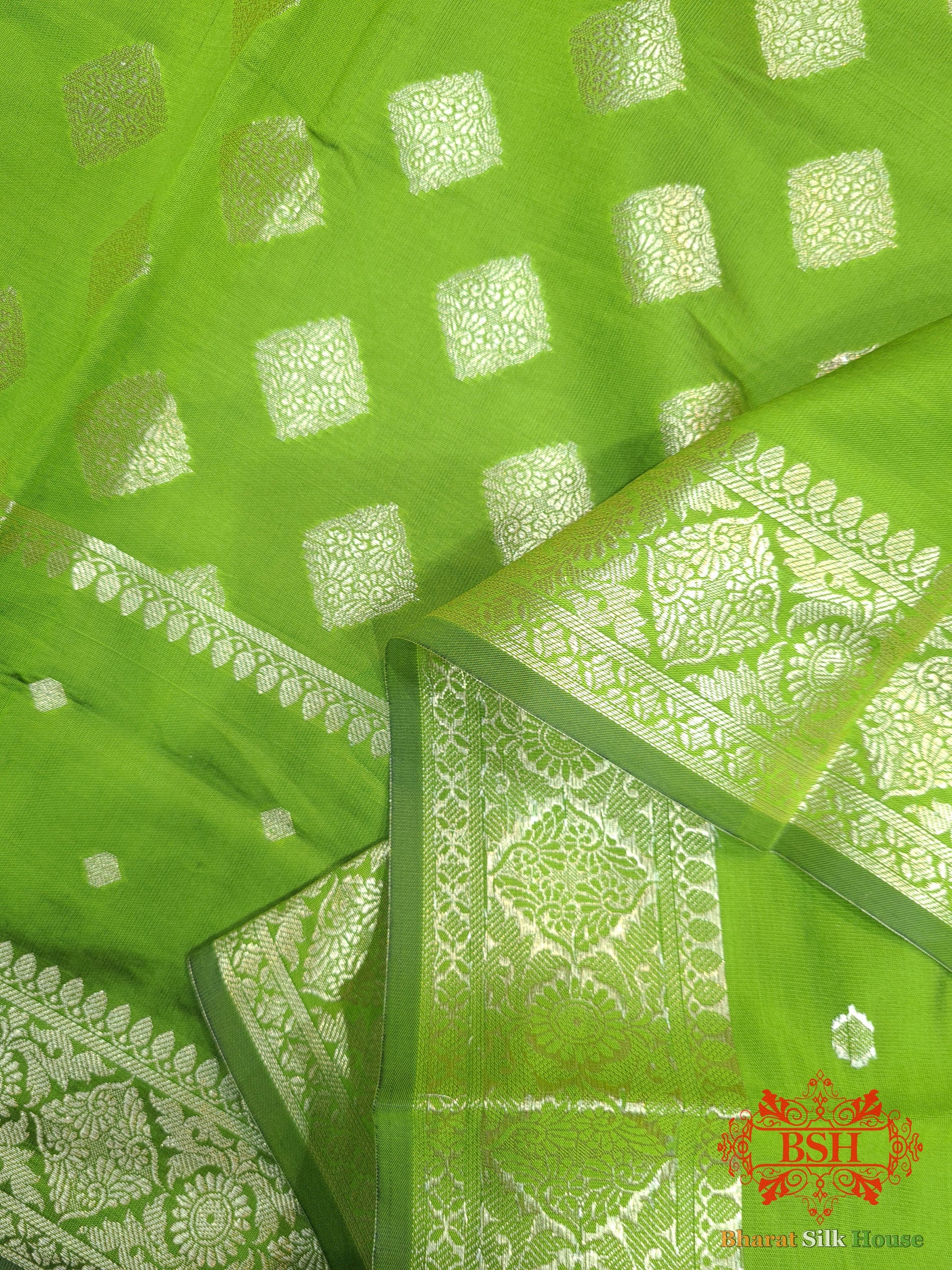 Shades Of Parrot Green Banarasi Floral Semi Silk Dupatta Semi Dupatte Bharat Silk House