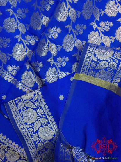 Shades Of Royal  Blue Banarasi Floral  Semi Silk Dupatta Semi Dupatte Bharat Silk House