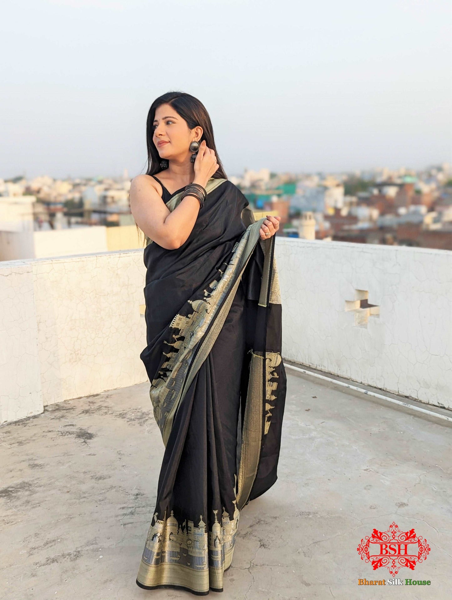 Black Banaras Ghats Weaved Silk Saree Semi-Silk Bharat Silk House