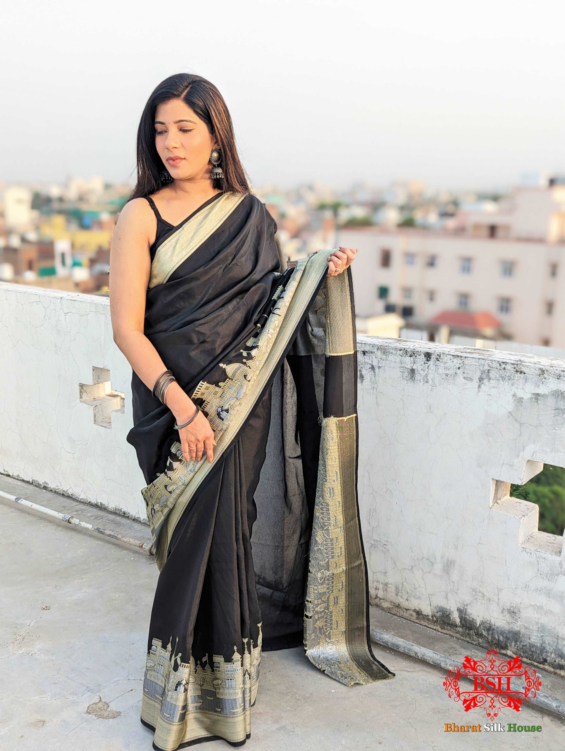 Black Banaras Ghats Weaved Silk Saree Semi-Silk Bharat Silk House