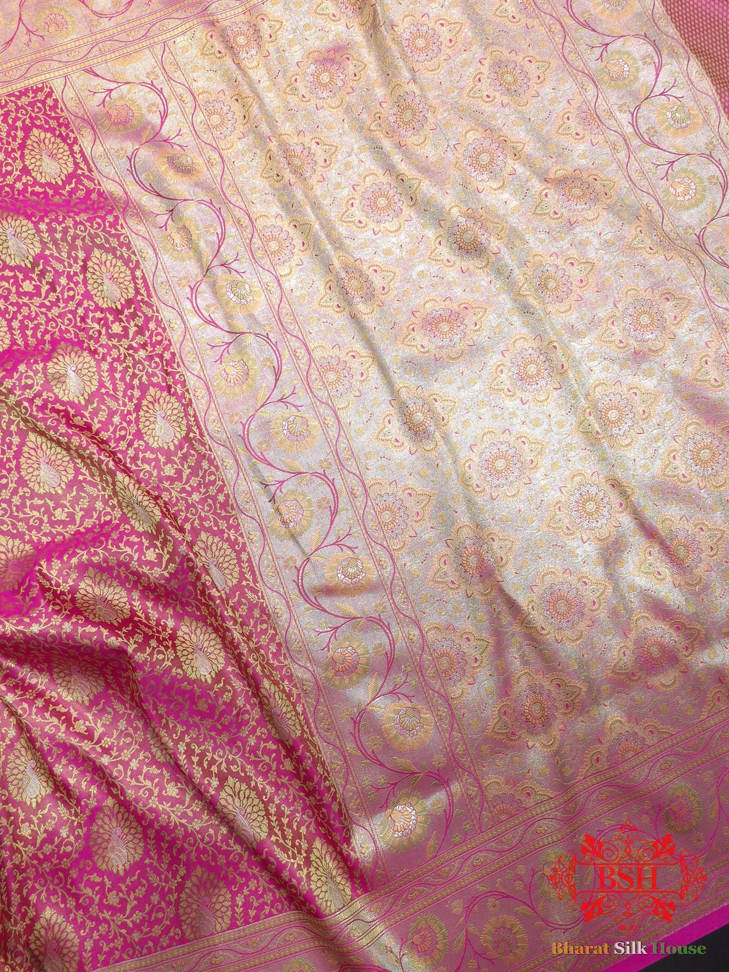 Shades Of Pink Dohri Zari Tanchoi Silk Saree Semi-Silk Bharat Silk House