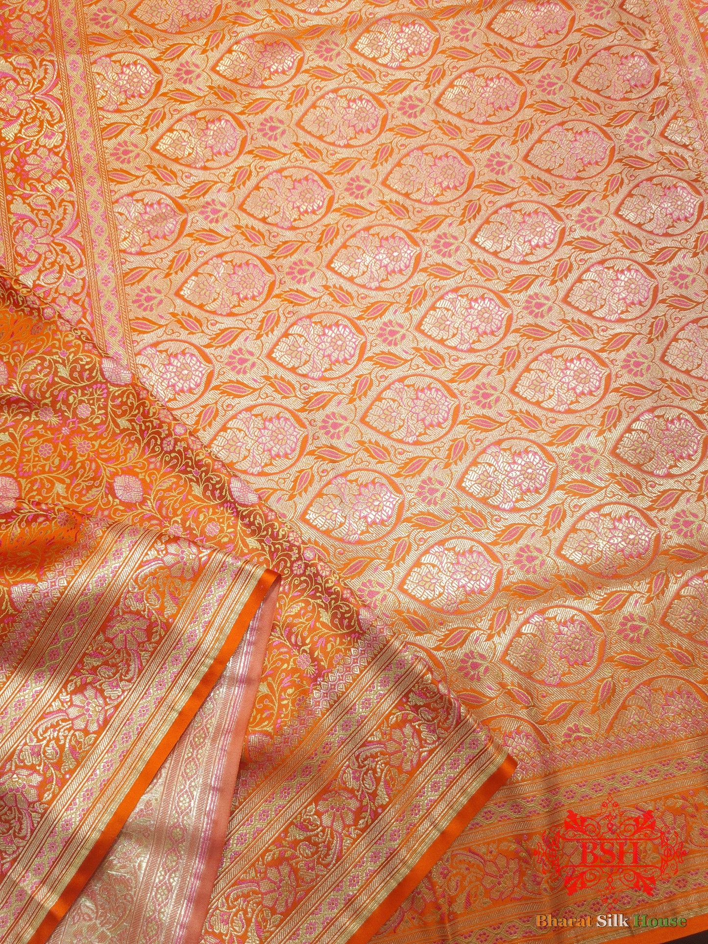 Orange Dohri Resham Zari Booti Tanchoi Silk Saree Tanchoi katan Bharat Silk House