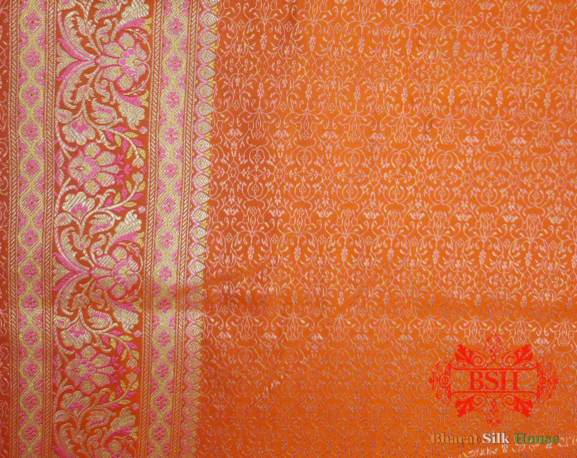 Orange Dohri Resham Zari Booti Tanchoi Silk Saree Tanchoi katan Bharat Silk House