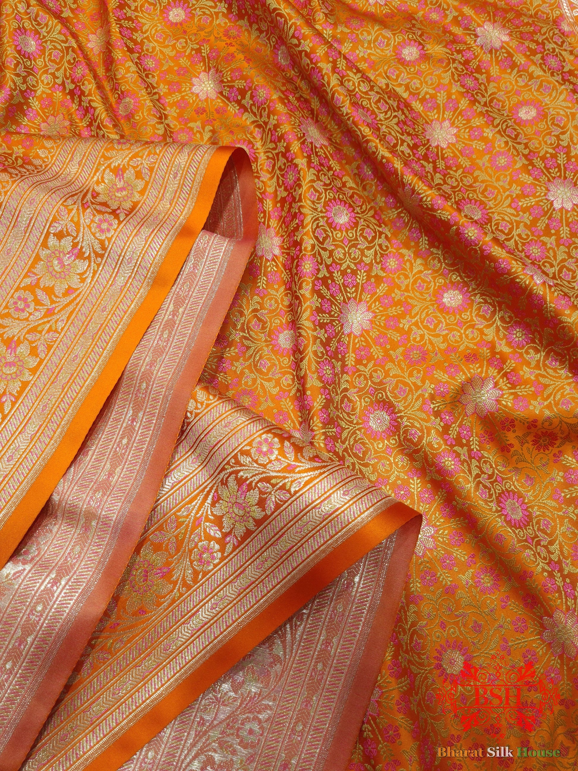 Orange Dohri Resham Zari Booti Tanchoi Silk Saree Tanchoi katan Bharat Silk House