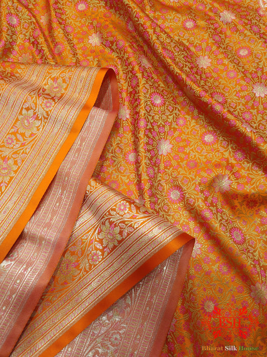 Orange Dohri Resham Zari Booti Tanchoi Silk Saree Tanchoi katan Bharat Silk House