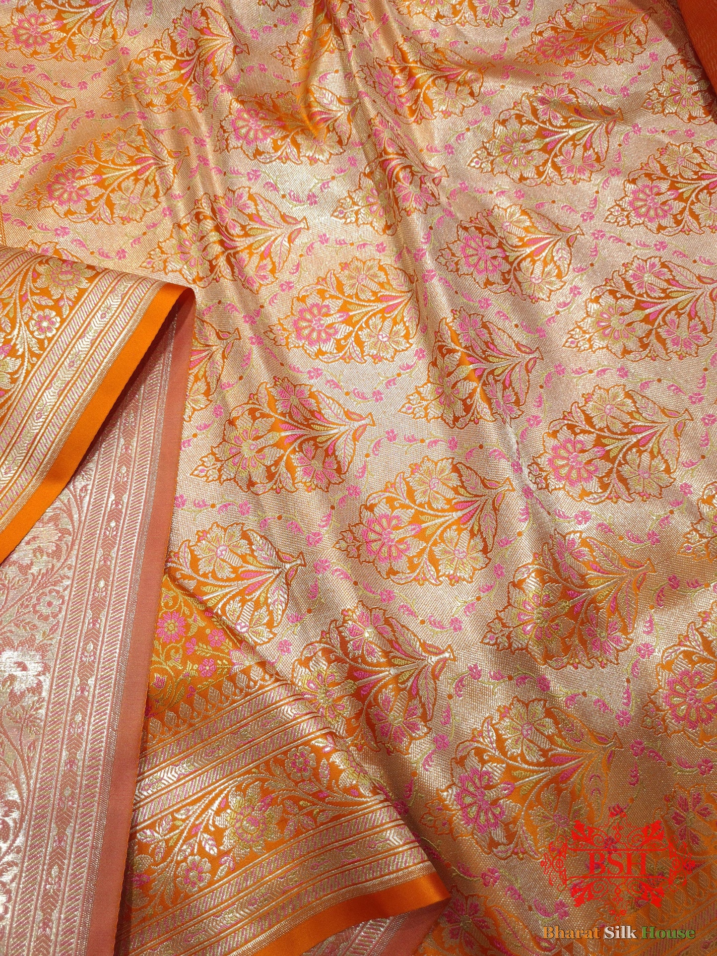 Orange Dohri Resham Zari Booti Tanchoi Silk Saree Tanchoi katan Bharat Silk House