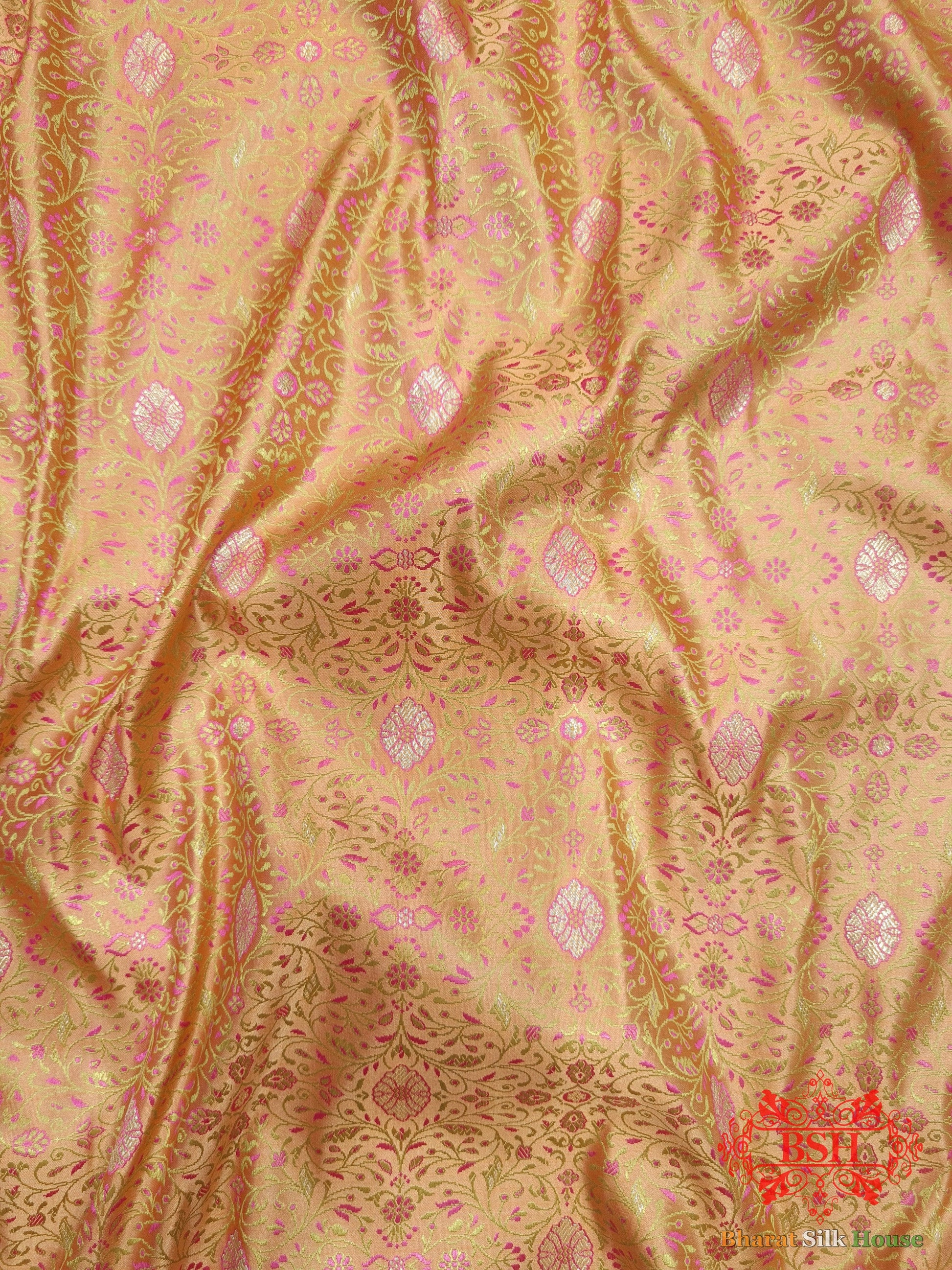 Peach Orange Dohri Resham Zari Booti Tanchoi Silk Saree Tanchoi katan Bharat Silk House