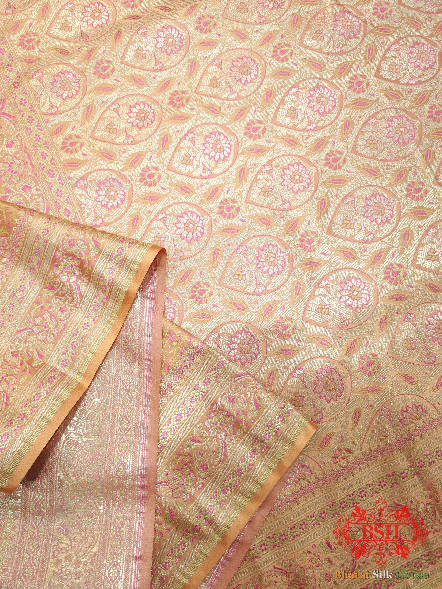 Peach Orange Dohri Resham Zari Booti Tanchoi Silk Saree Tanchoi katan Bharat Silk House