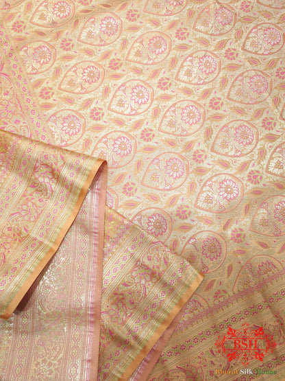 Peach Orange Dohri Resham Zari Booti Tanchoi Silk Saree Tanchoi katan Bharat Silk House