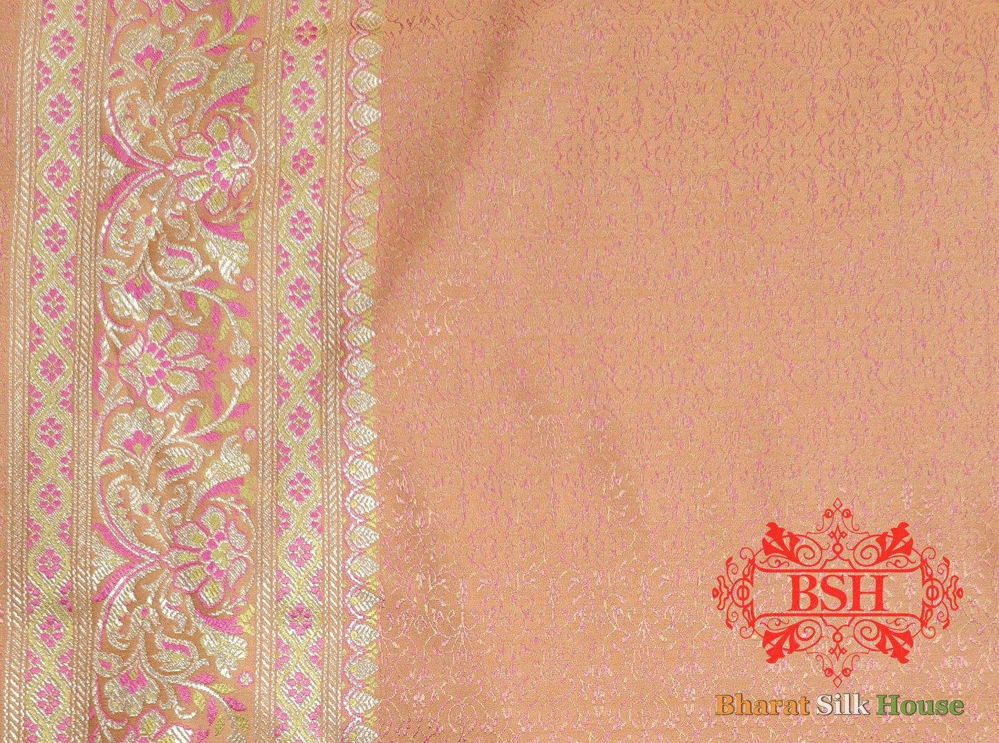 Peach Orange Dohri Resham Zari Booti Tanchoi Silk Saree Tanchoi katan Bharat Silk House