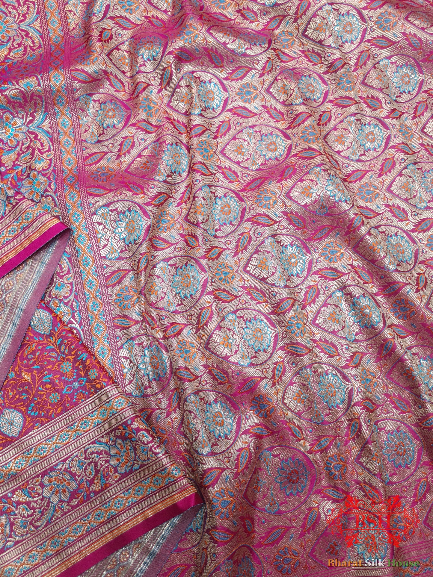 Rani Pink Dohri Resham Zari Booti Tanchoi Silk Saree Tanchoi katan Bharat Silk House