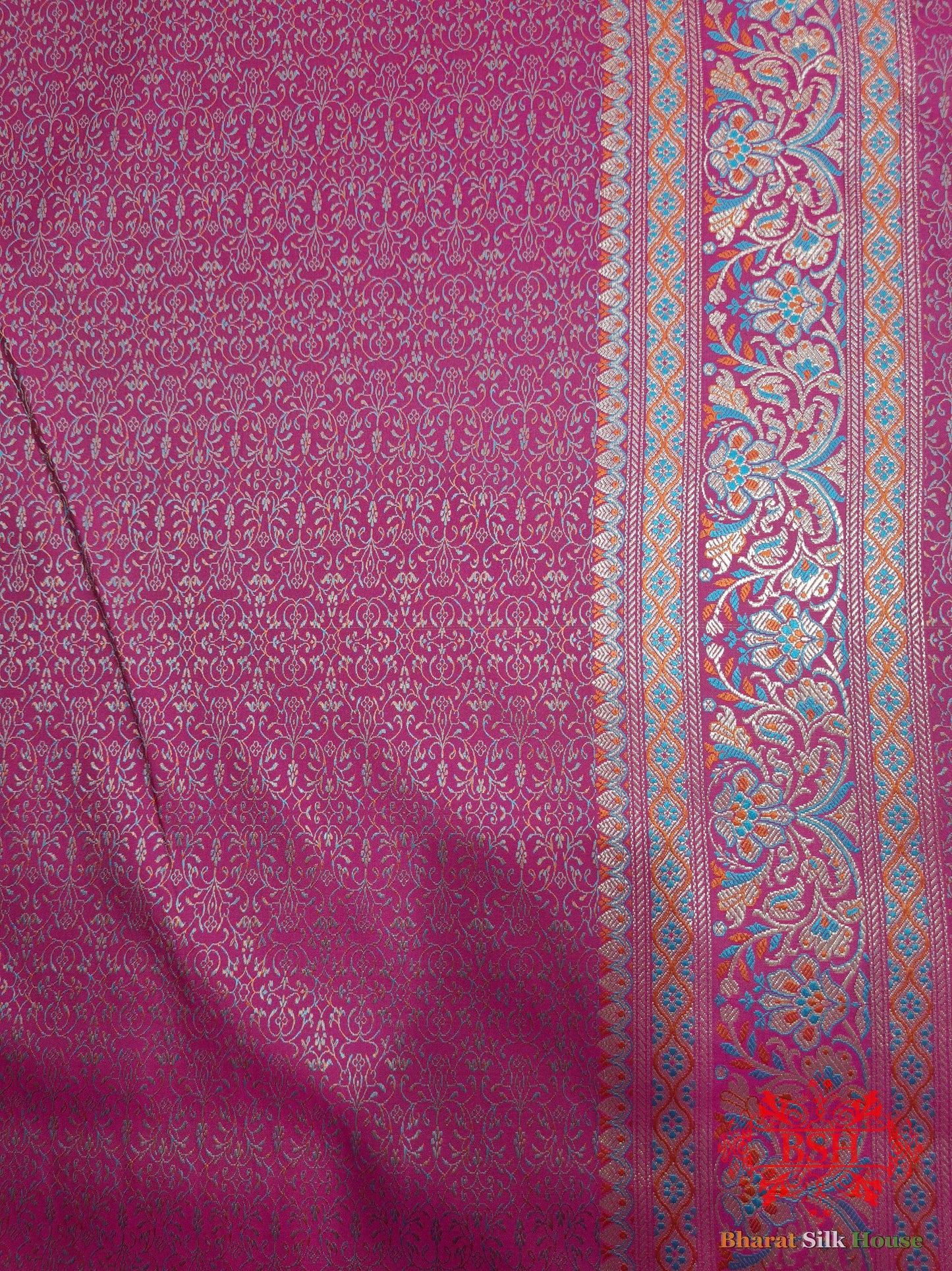 Rani Pink Dohri Resham Zari Booti Tanchoi Silk Saree Tanchoi katan Bharat Silk House