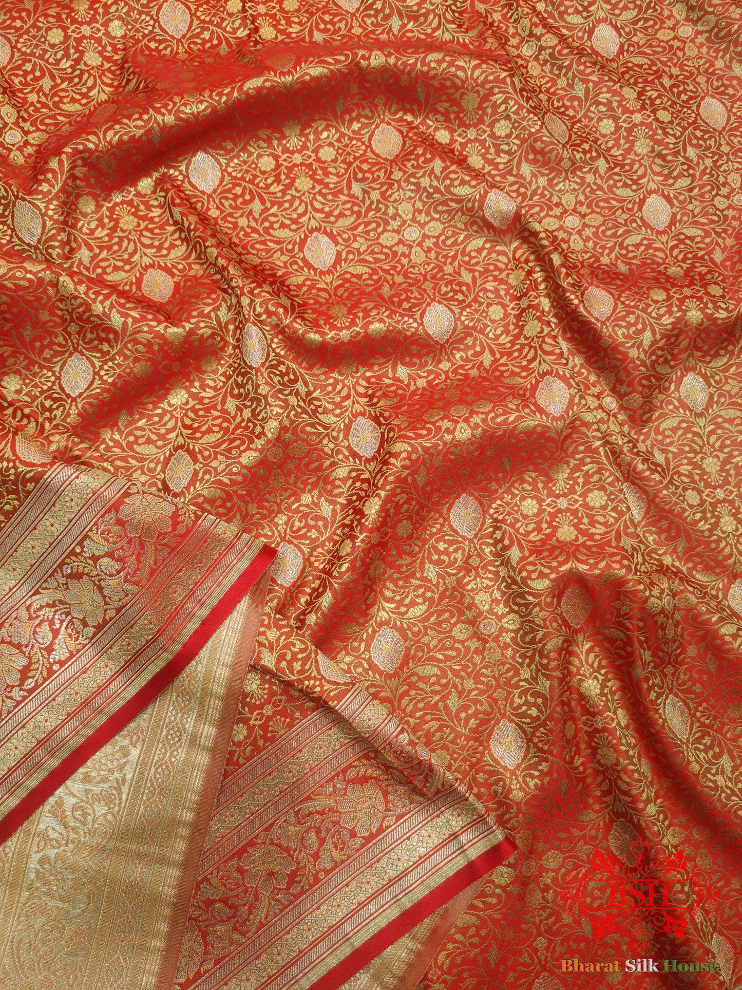 Red Dohri Resham Zari Booti Tanchoi Silk Saree Tanchoi katan Bharat Silk House