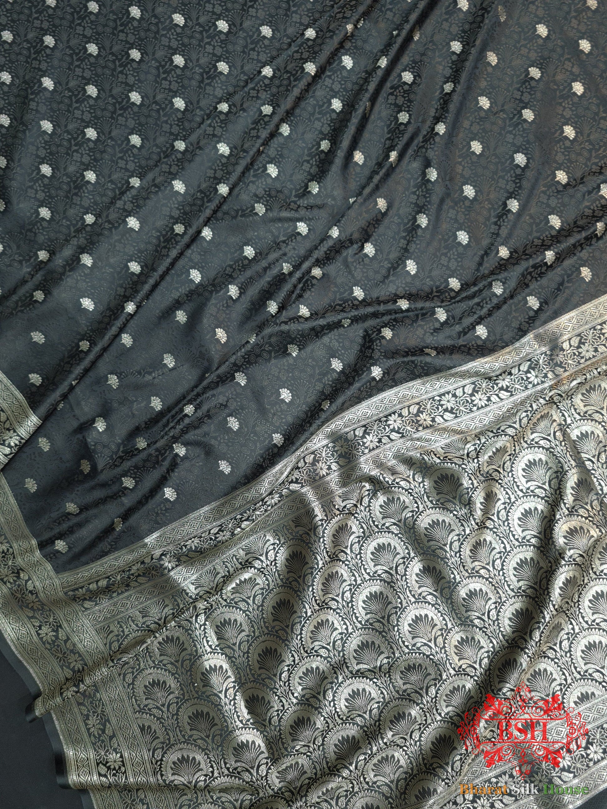 Shades Of Black Dohri Zari Tanchoi Silk Saree Tanchoi katan Bharat Silk House