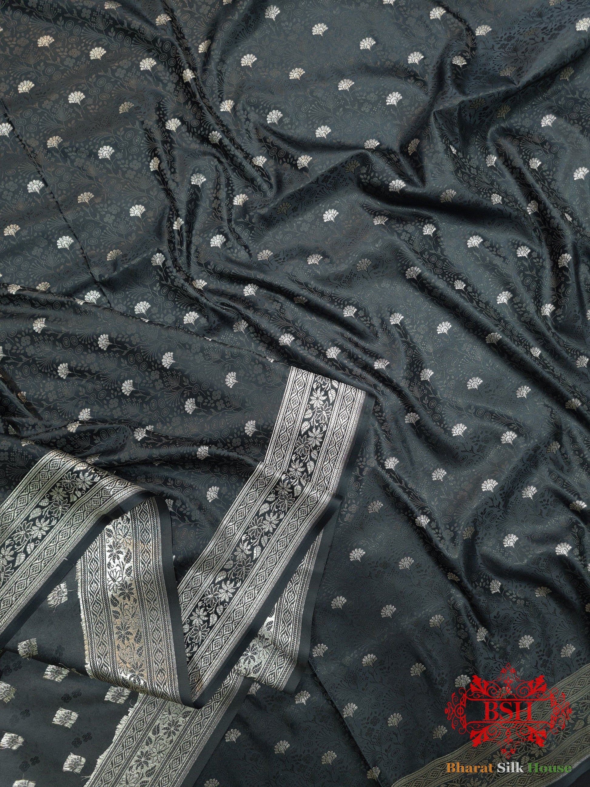 Shades Of Black Dohri Zari Tanchoi Silk Saree Tanchoi katan Bharat Silk House