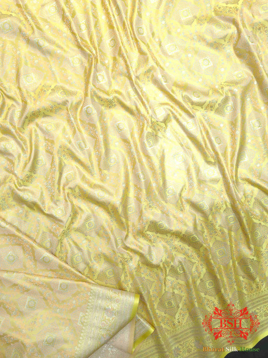 Shades Of Lemon yellow Dohri Zari Tanchoi Silk Saree Tanchoi katan Bharat Silk House