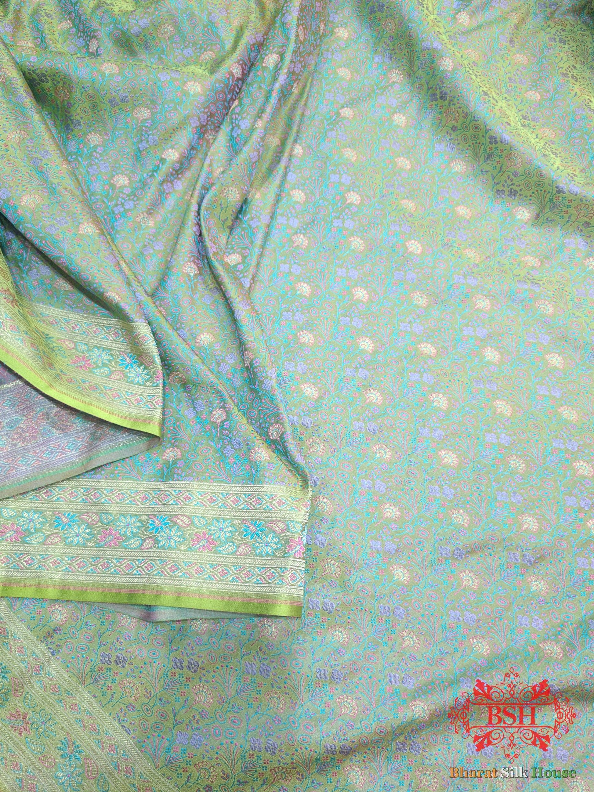 Shades Of Mint Green Dohri Zari Tanchoi Silk Saree Tanchoi katan Bharat Silk House