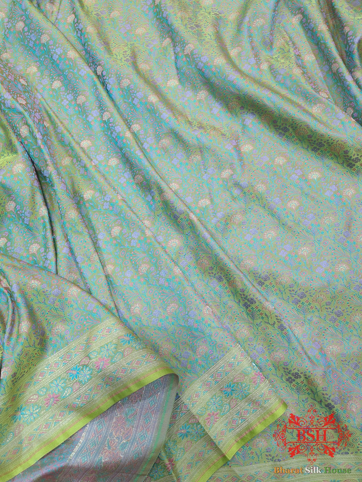 Shades Of Mint Green Dohri Zari Tanchoi Silk Saree Tanchoi katan Bharat Silk House