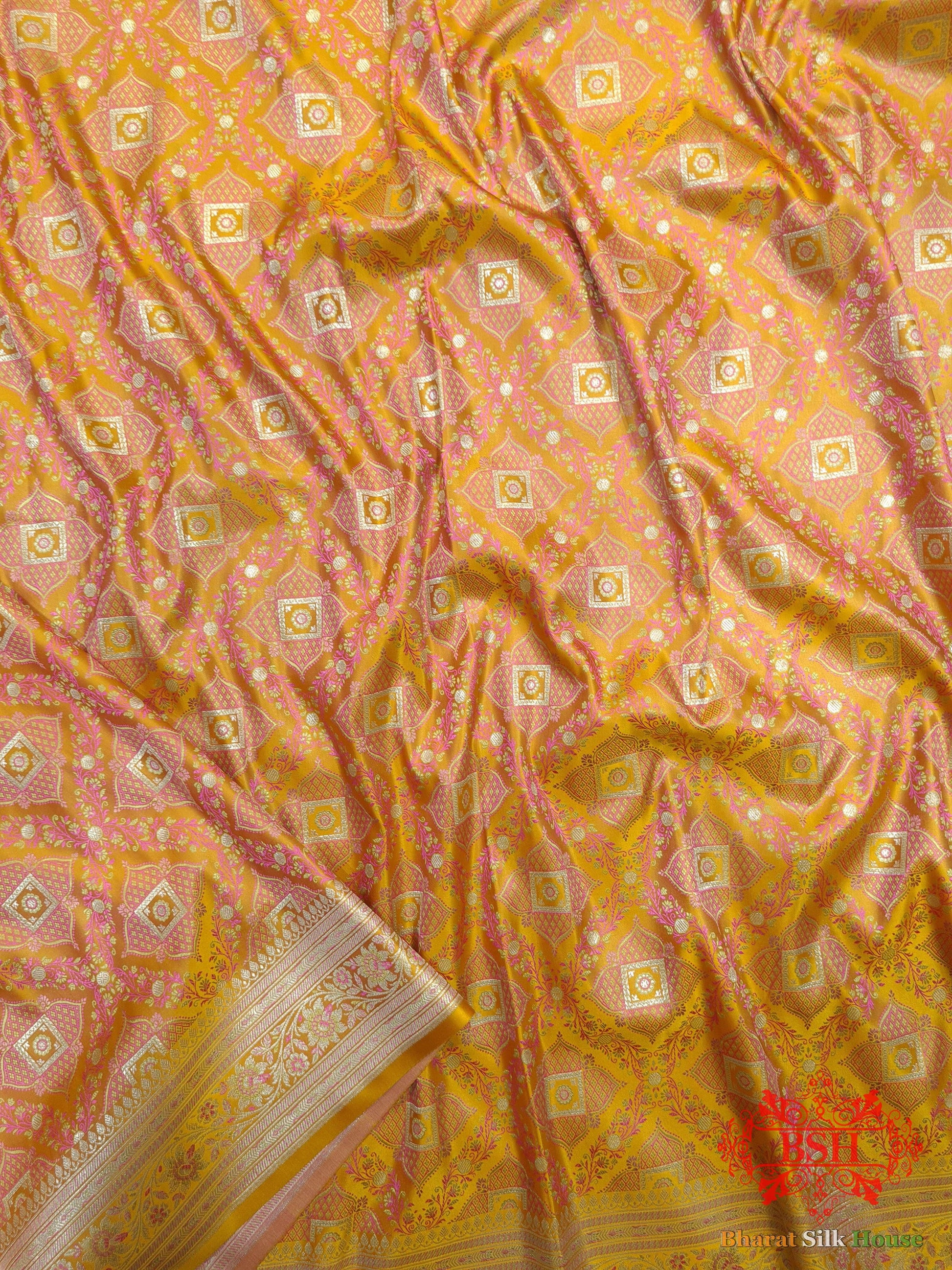 Shades Of Mustard Yellow Dohri Zari Tanchoi Silk Saree Tanchoi katan Bharat Silk House