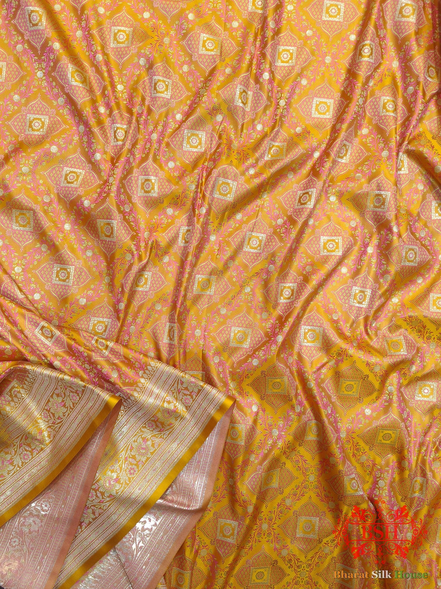 Shades Of Mustard Yellow Dohri Zari Tanchoi Silk Saree Tanchoi katan Bharat Silk House