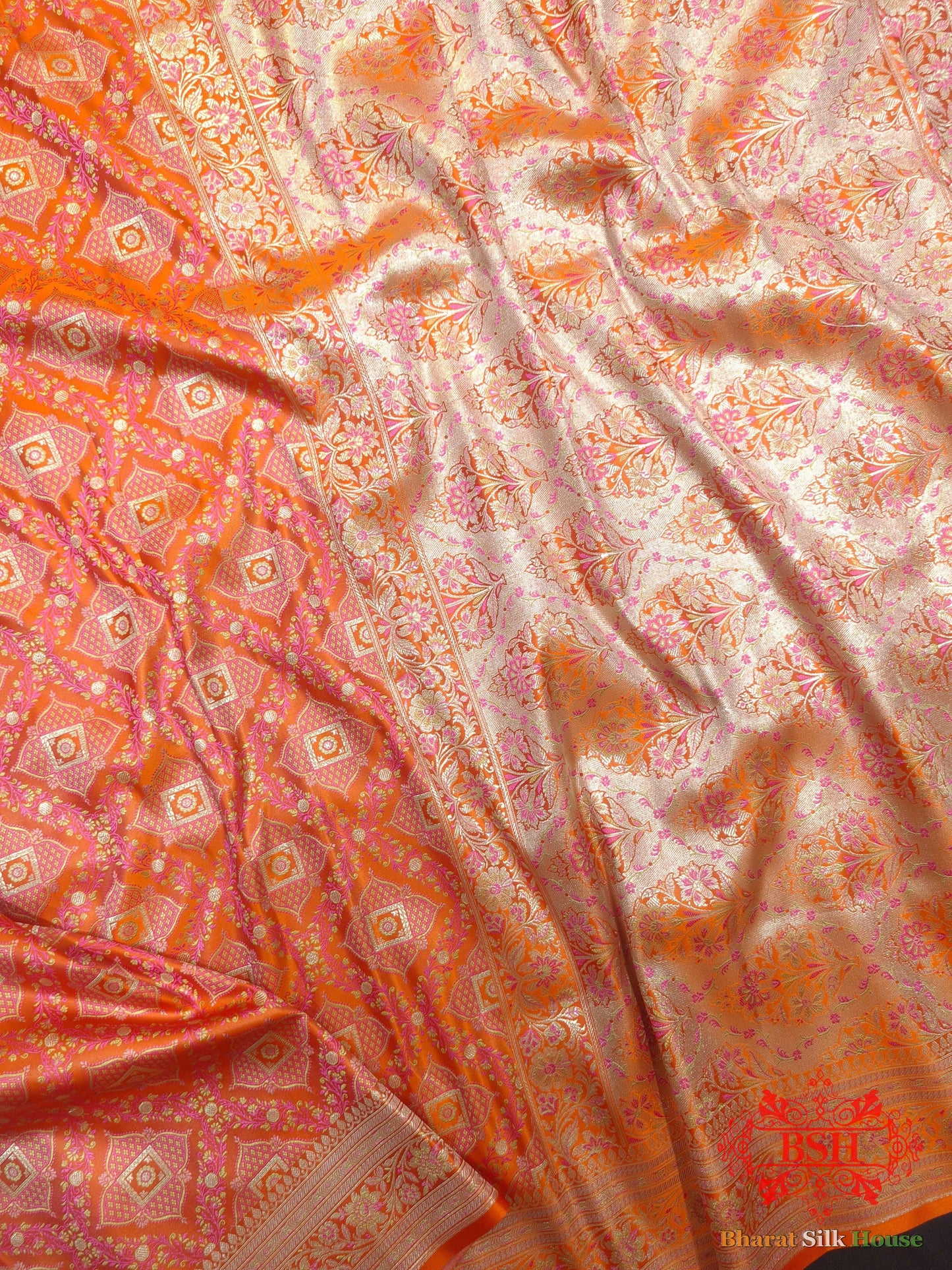 Shades Of Orange Dohri Zari  Tanchoi Silk Saree Tanchoi katan Bharat Silk House