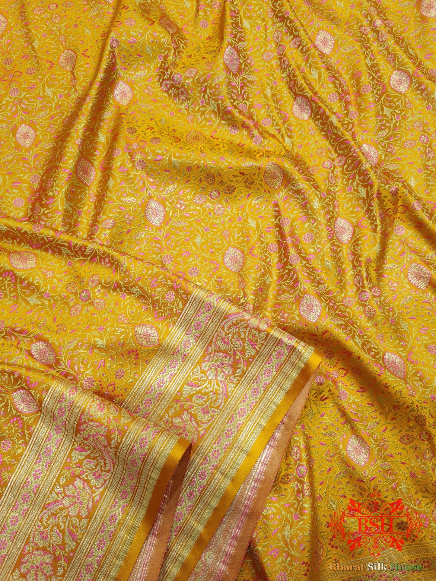 Yellow Dohri Resham Zari Booti Tanchoi Silk Saree Tanchoi katan Bharat Silk House