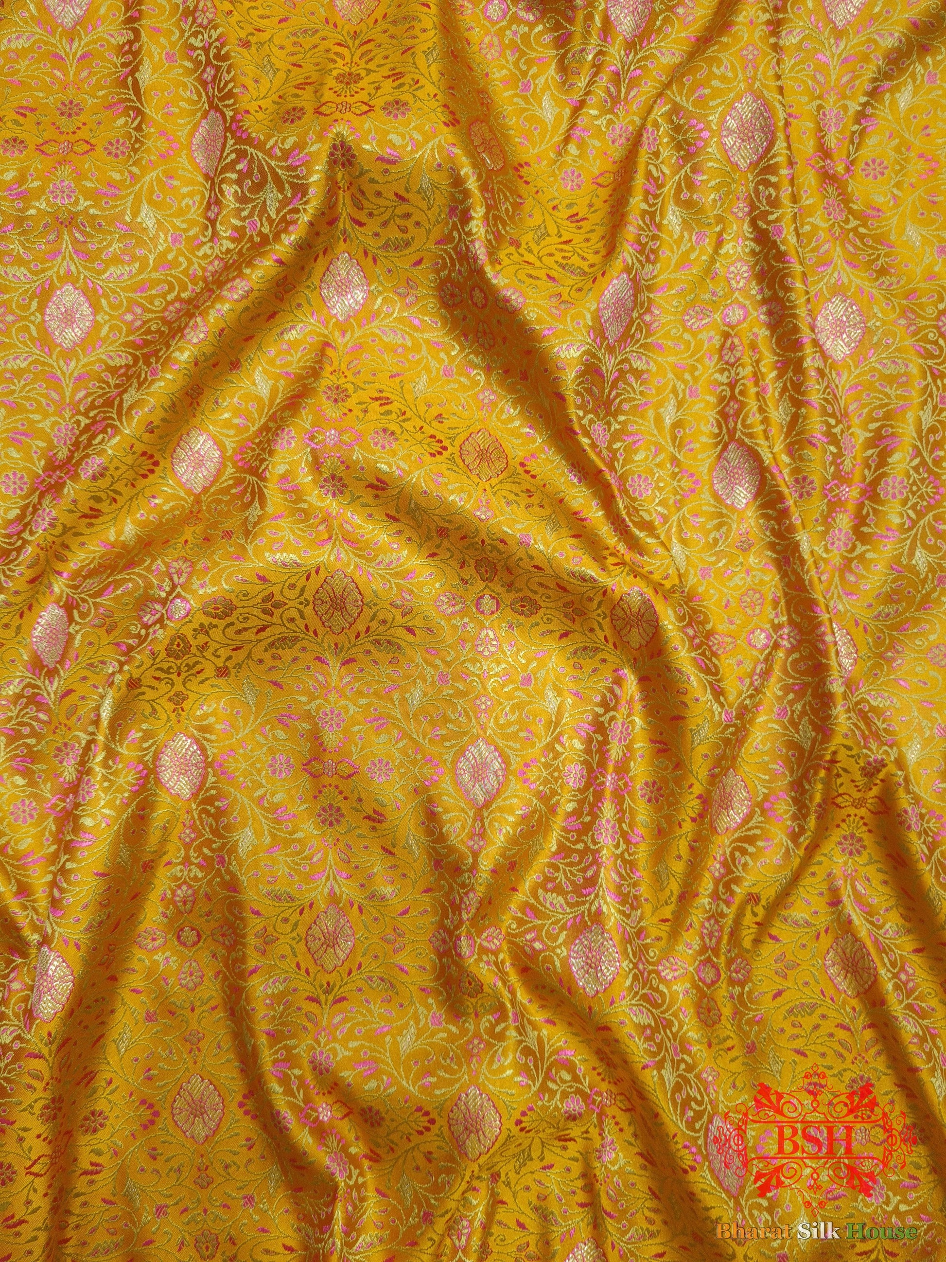 Yellow Dohri Resham Zari Booti Tanchoi Silk Saree Tanchoi katan Bharat Silk House