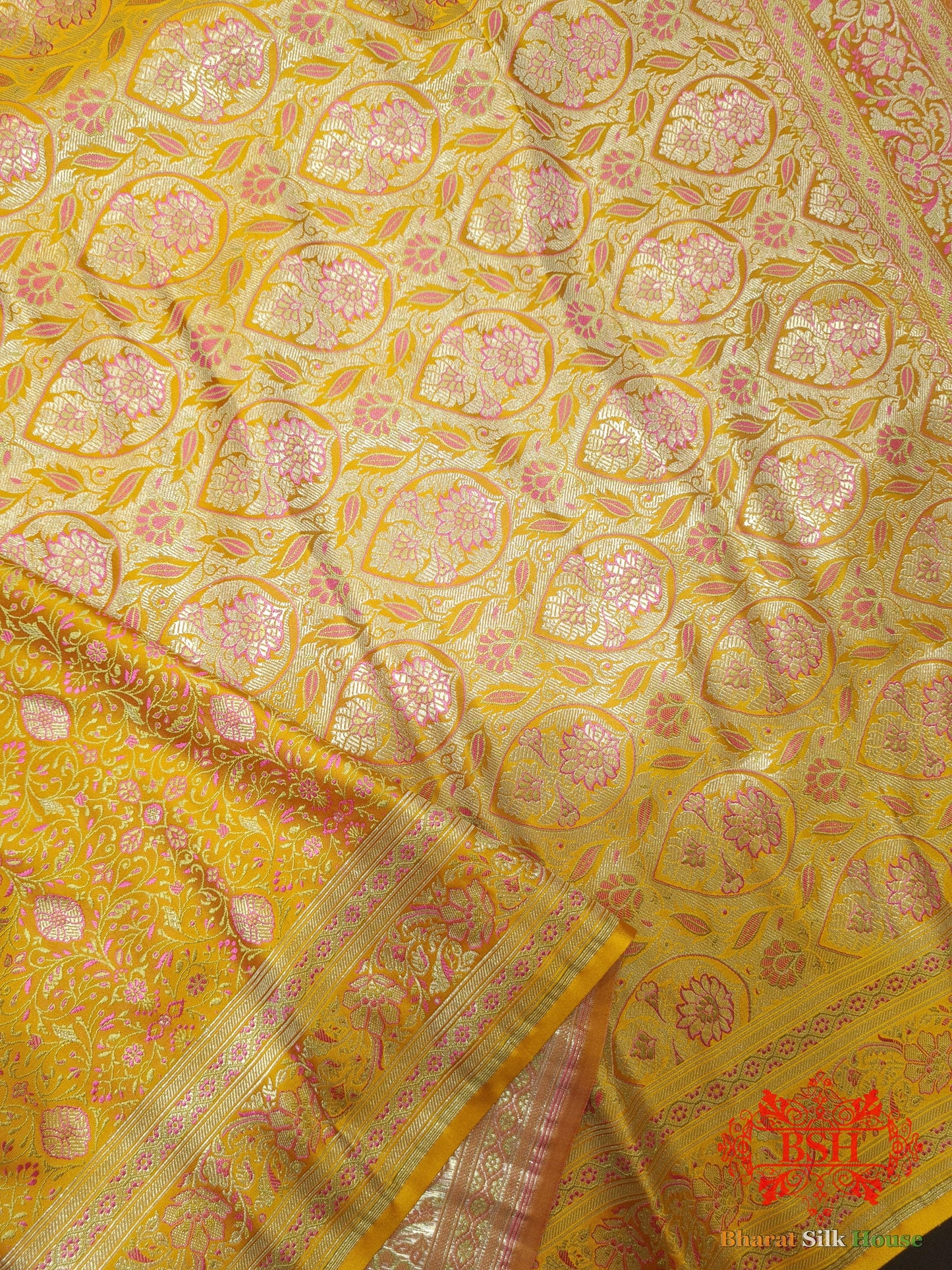 Yellow Dohri Resham Zari Booti Tanchoi Silk Saree Tanchoi katan Bharat Silk House