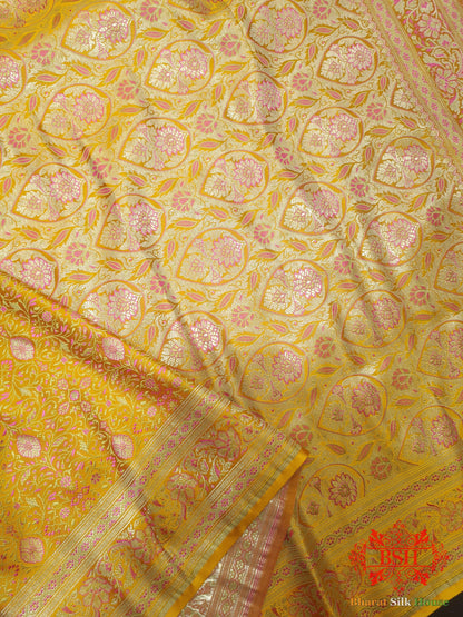 Yellow Dohri Resham Zari Booti Tanchoi Silk Saree Tanchoi katan Bharat Silk House