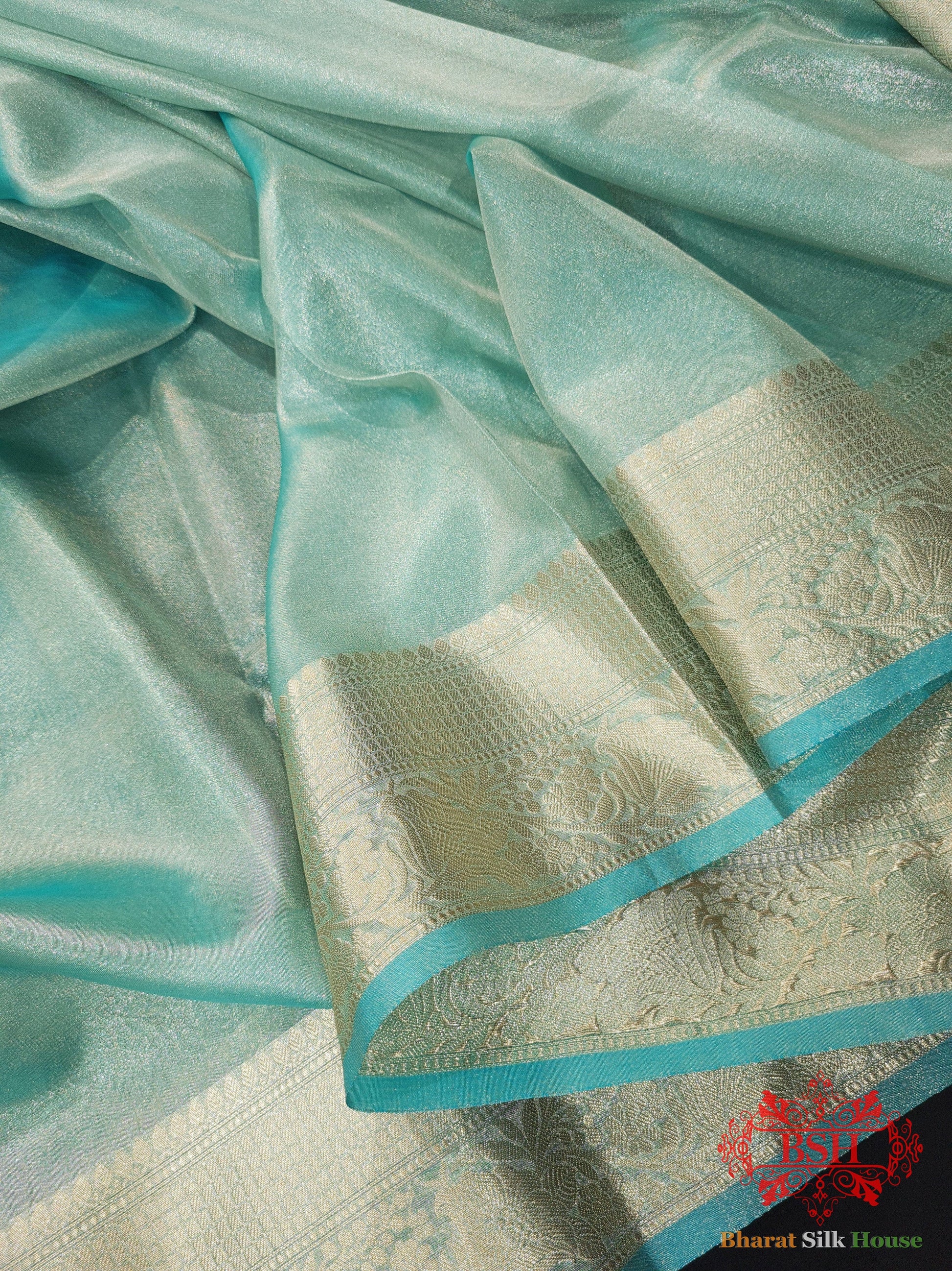 Firozi Color Glass Tissue Silk Saree Tissue Silk Bharat Silk House