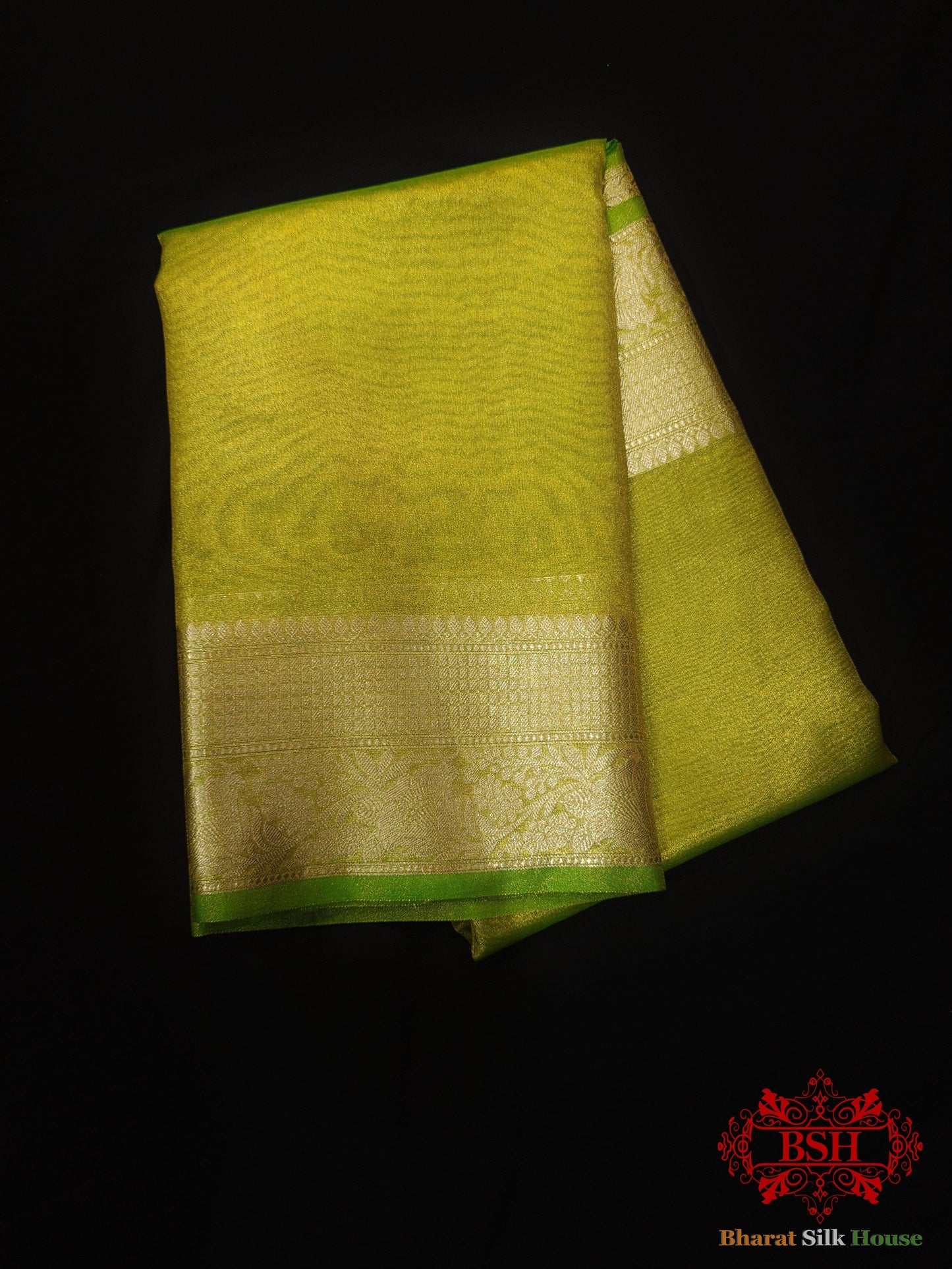 Parrot Green Glass Tissue Silk Saree Tissue Silk Bharat Silk House