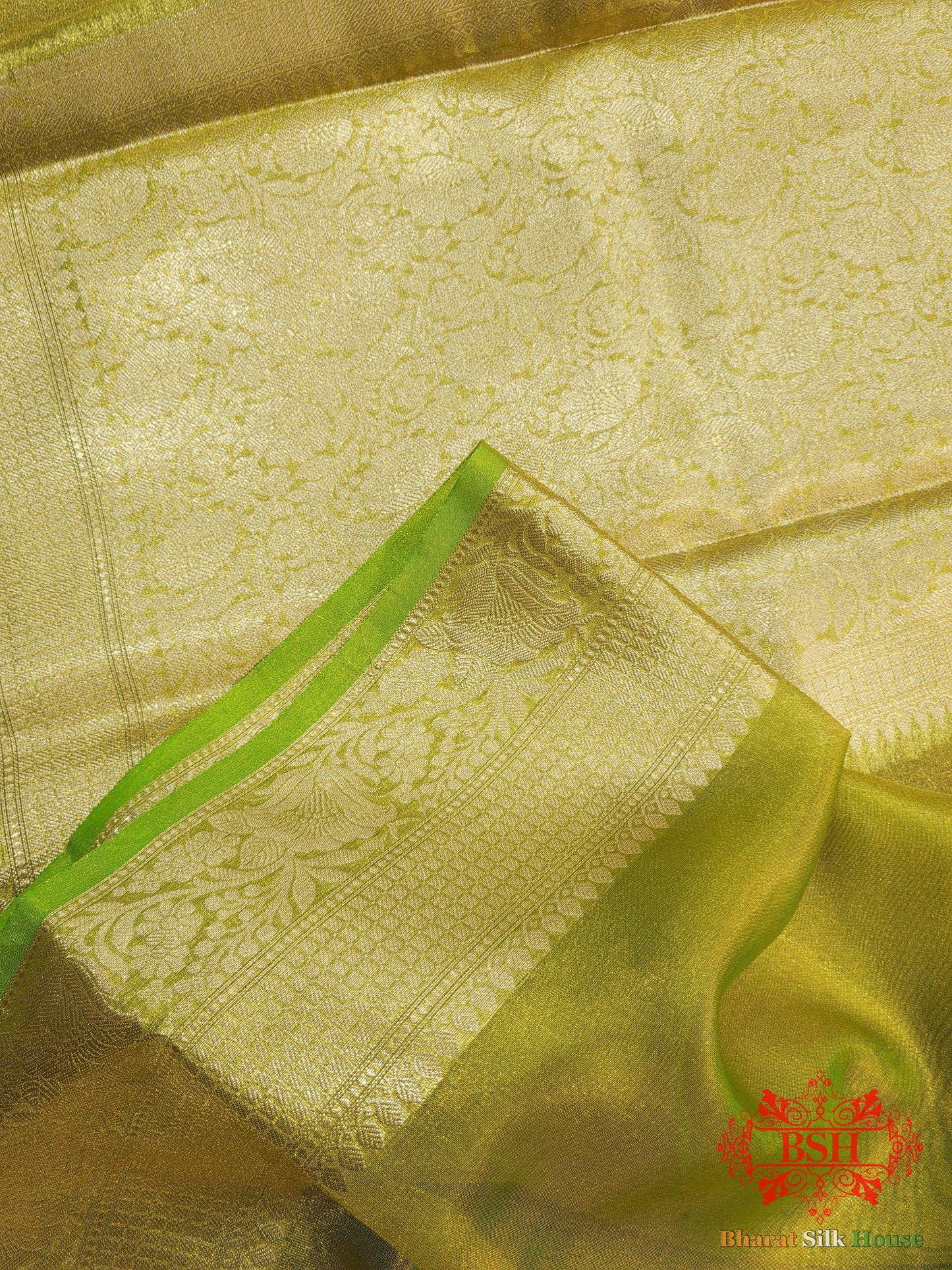 Parrot Green Glass Tissue Silk Saree Tissue Silk Bharat Silk House