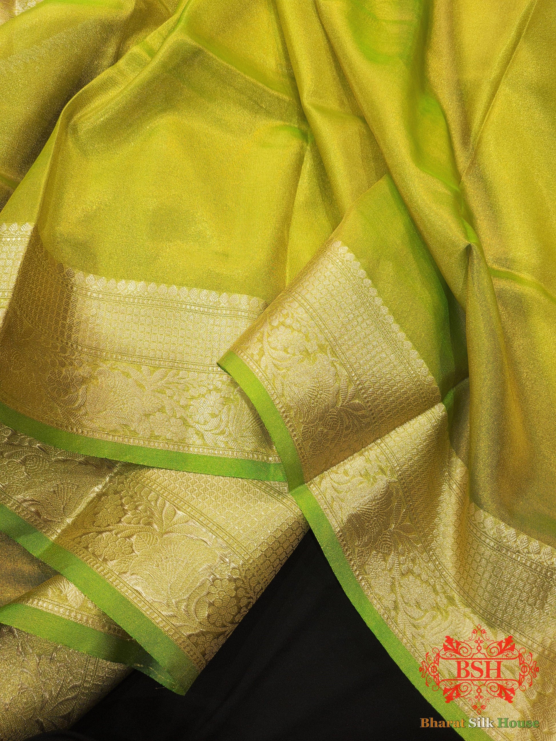 Parrot Green Glass Tissue Silk Saree Tissue Silk Bharat Silk House