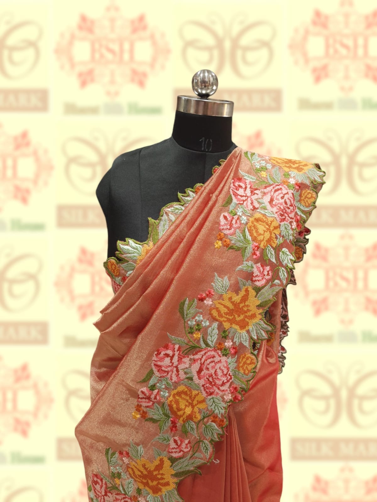 Peach Color Crochet Work Tissue Silk Saree Tissue Silk Bharat Silk House