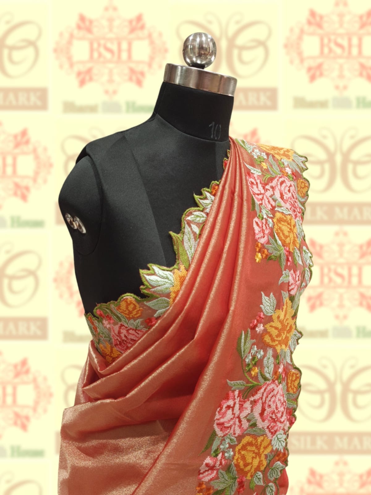 Peach Color Crochet Work Tissue Silk Saree Tissue Silk Bharat Silk House