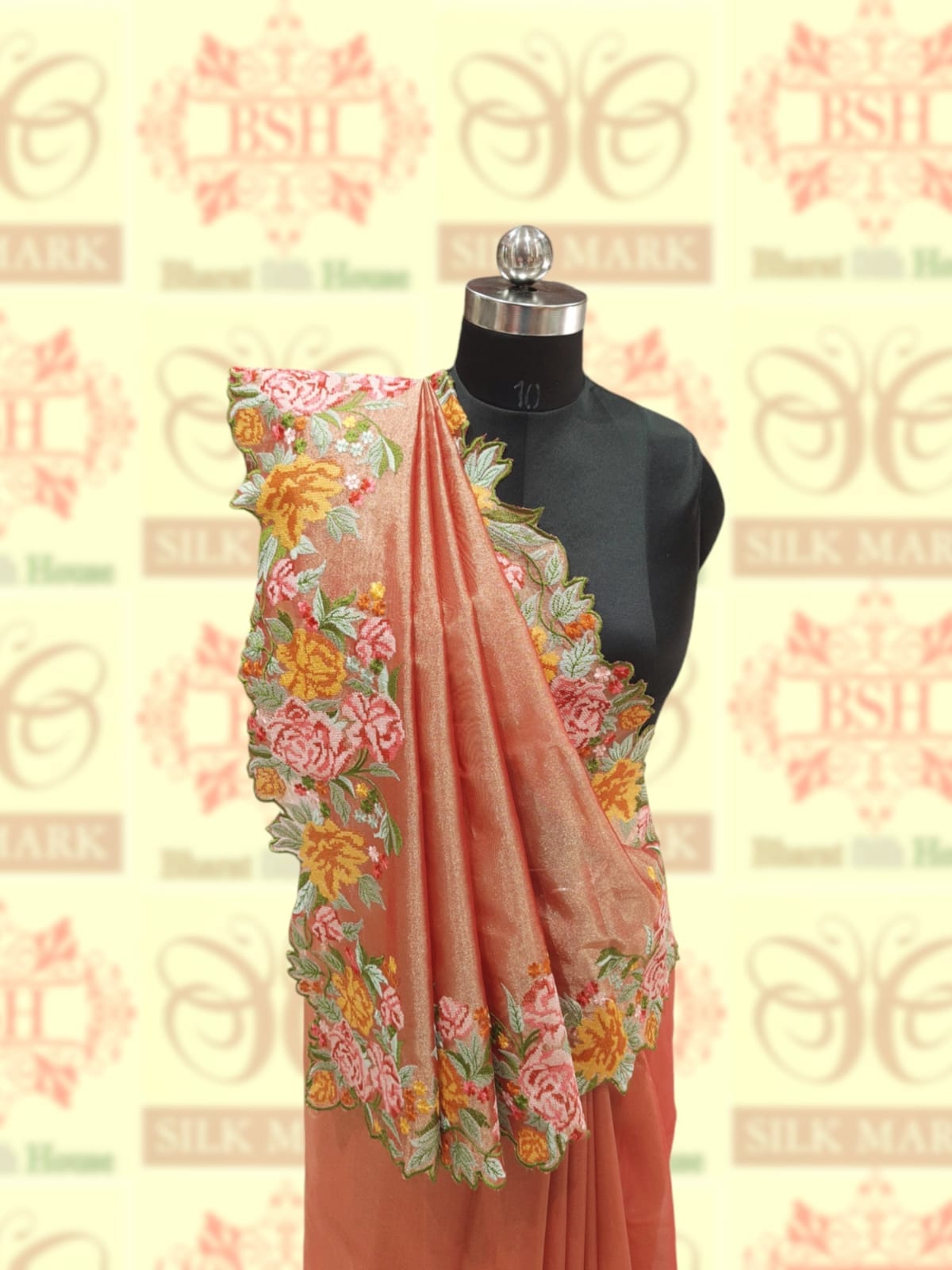 Peach Color Crochet Work Tissue Silk Saree Tissue Silk Bharat Silk House