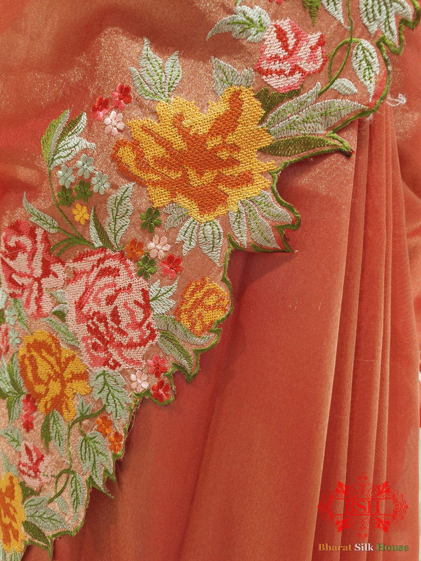 Peach Color Crochet Work Tissue Silk Saree Tissue Silk Bharat Silk House