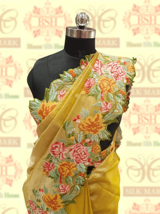 Yellow Color Crochet Work Tissue Silk Saree Tissue Silk Bharat Silk House