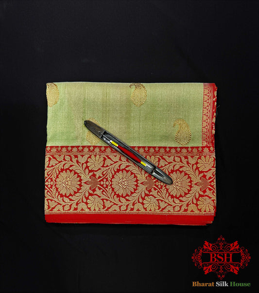 Avocado Green Pure Tussar Moonga Silk Handloom Saree With Zari Border Tussar Bharat Silk House