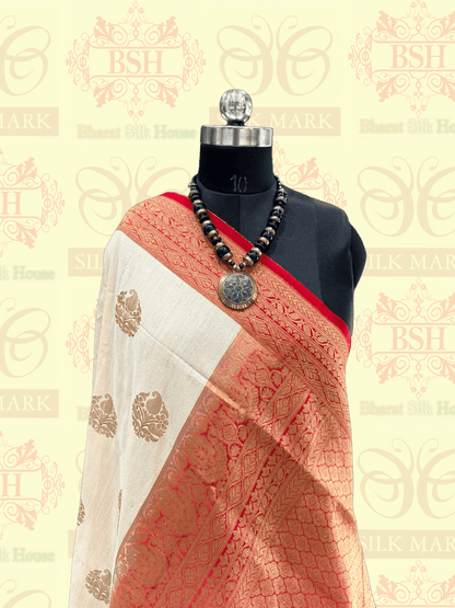 Off White Pure Tussar Moonga Silk Handloom Saree With Zari Border Tussar Bharat Silk House