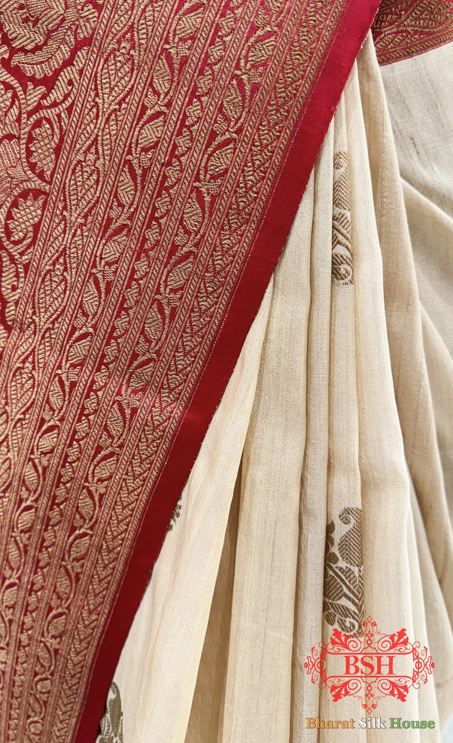 Off White Pure Tussar Moonga Silk Handloom Saree With Zari Border Tussar Bharat Silk House